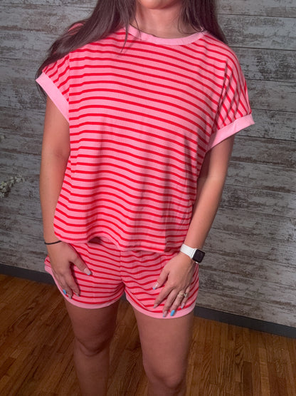 Striped Short Sleeve Top & Shorts Lounge Set - Dark Pink