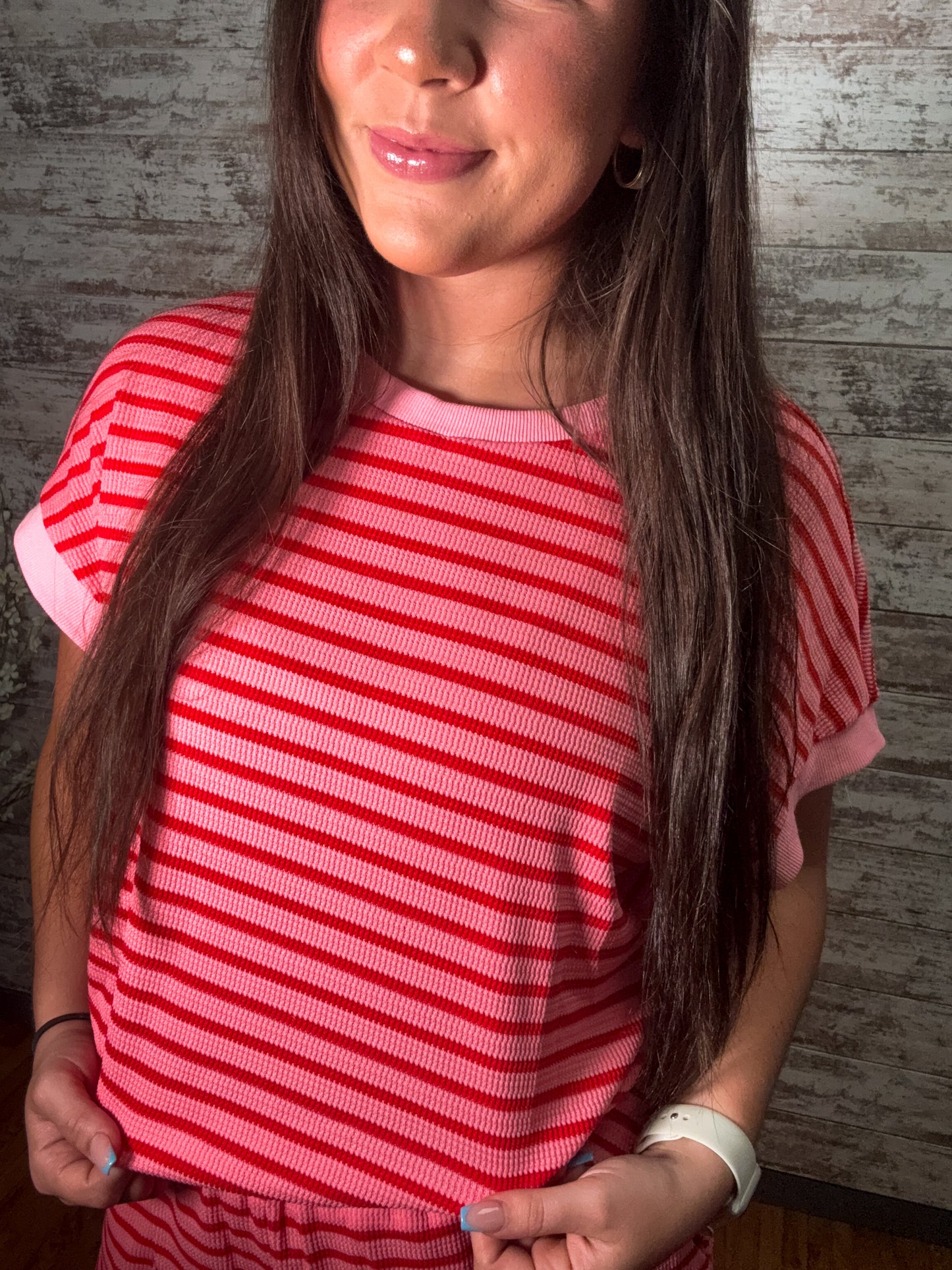 Striped Short Sleeve Top & Shorts Lounge Set - Dark Pink