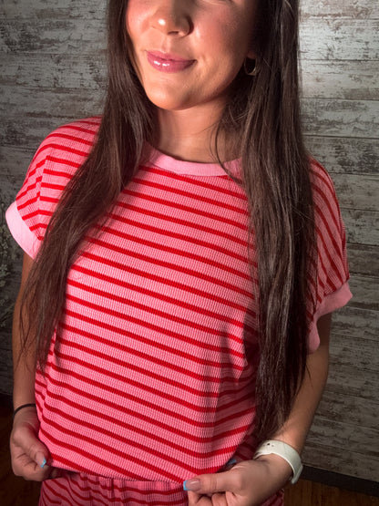 Striped Short Sleeve Top & Shorts Lounge Set - Dark Pink