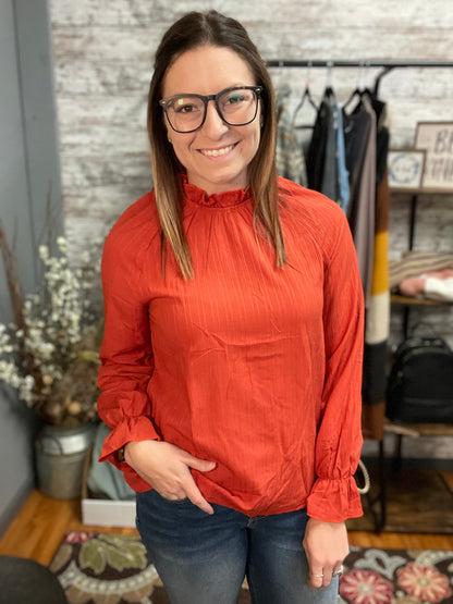 Pleated Textured Mock Neck Long Sleeve Blouse
