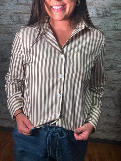 Striped Button Down Casual Blouse - Khaki