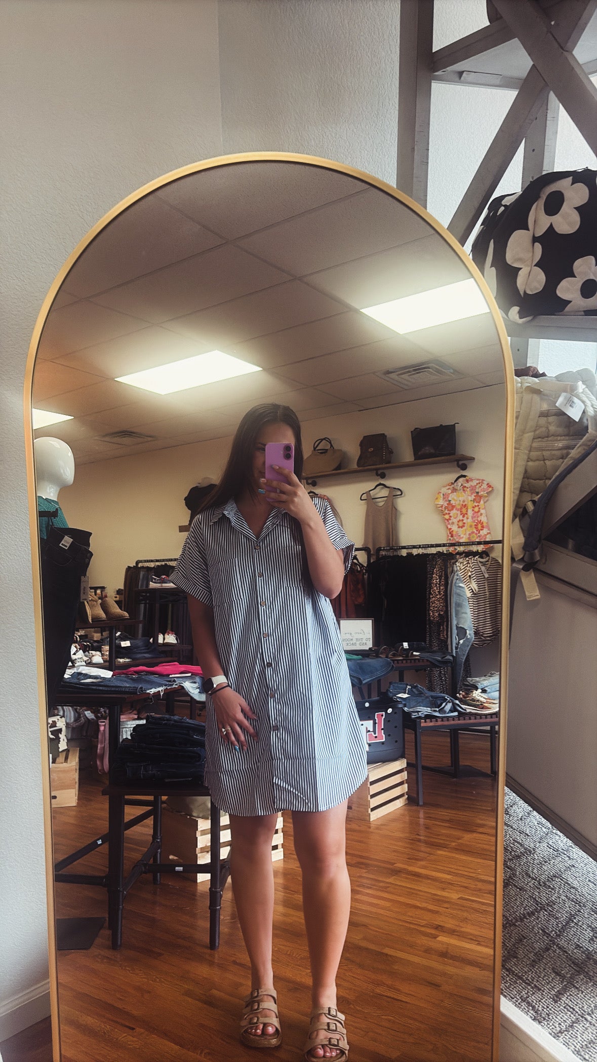 Vacation Summer Striped Shirt Dress Button Up - Navy
