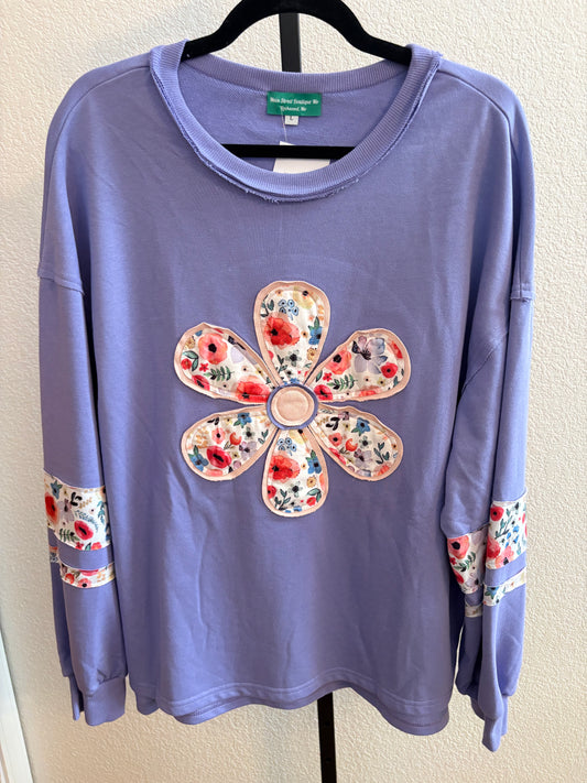 Flower Applique Patchwork Pullover Sweatshirt - Purple