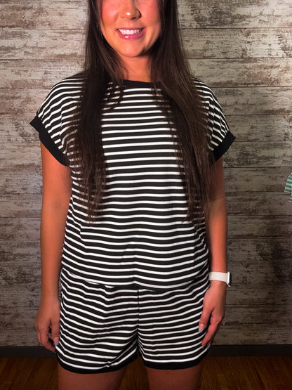 Striped Short Sleeve Top & Shorts Lounge Set - Black