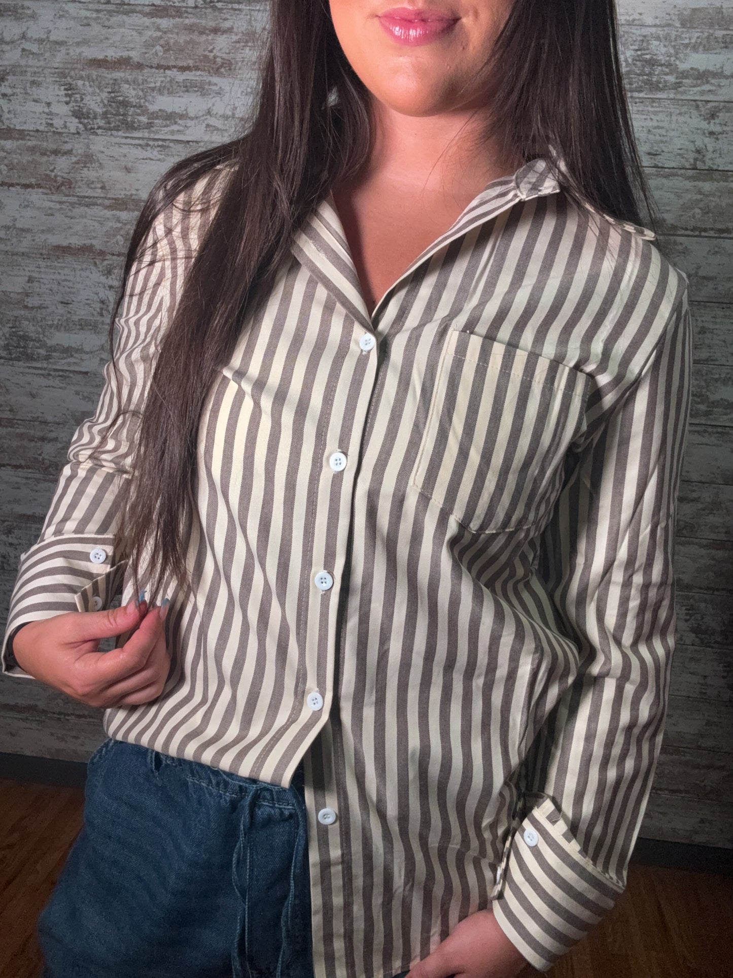 Striped Button Down Casual Blouse - Khaki