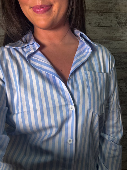 Striped Button Down Casual Blouse - Light Blue