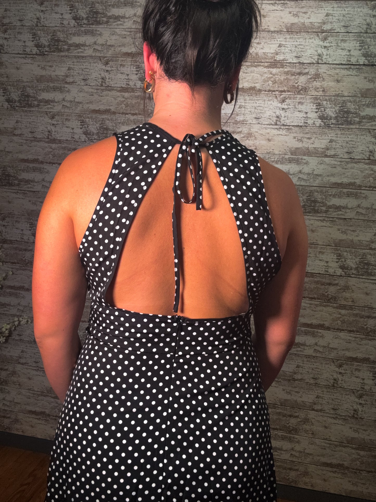 Polka Dot Open Back Tie Sleeveless Maxi Dress