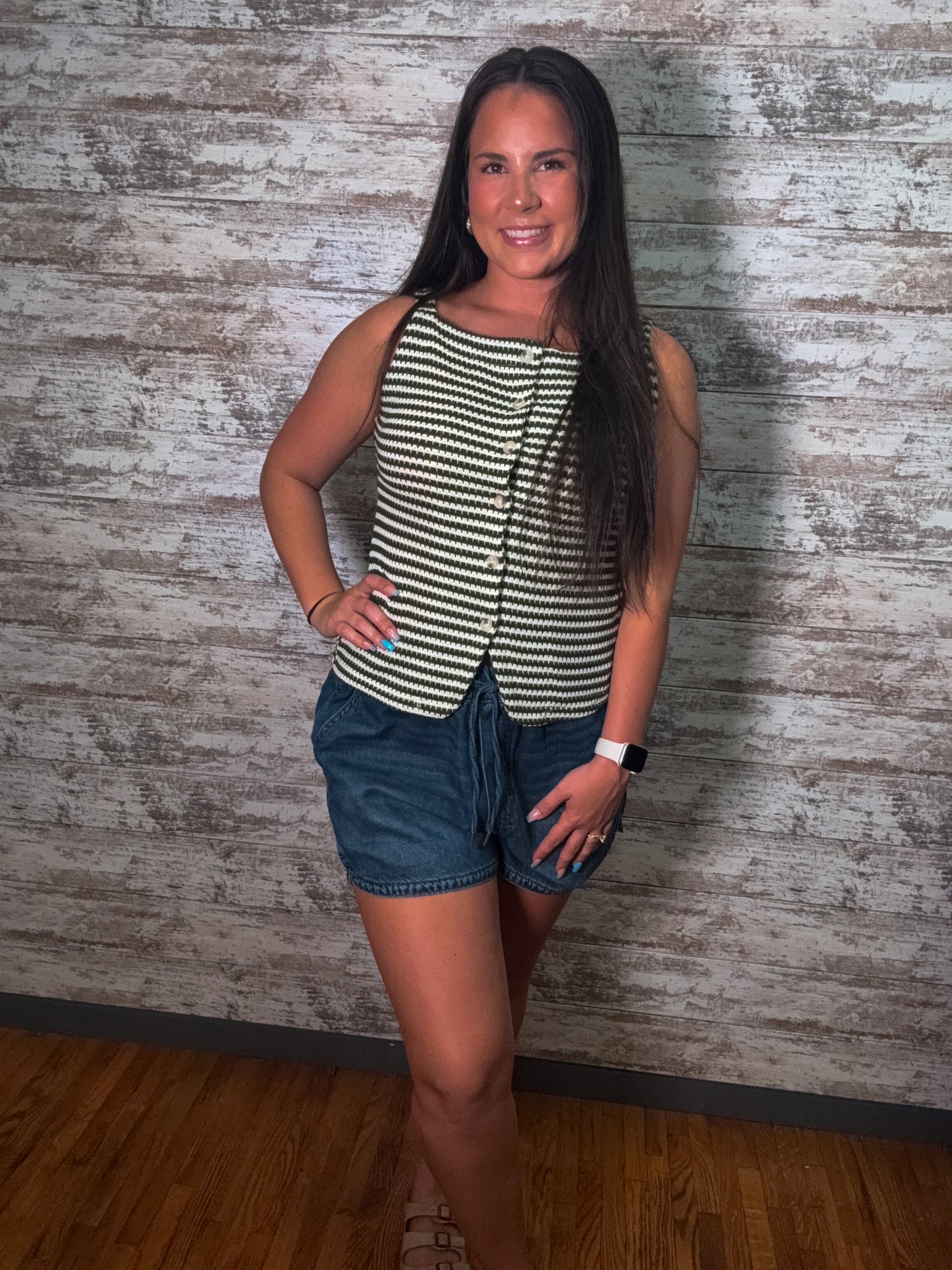 Striped Button Front Sleeveless Tank Top - Green