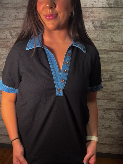 Knit Denim and Black Polo Collar Top
