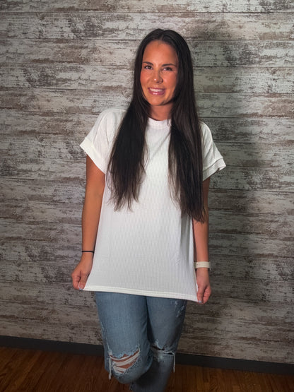 Casual Ribbed Knit Short Sleeve Loose Fit Top - White