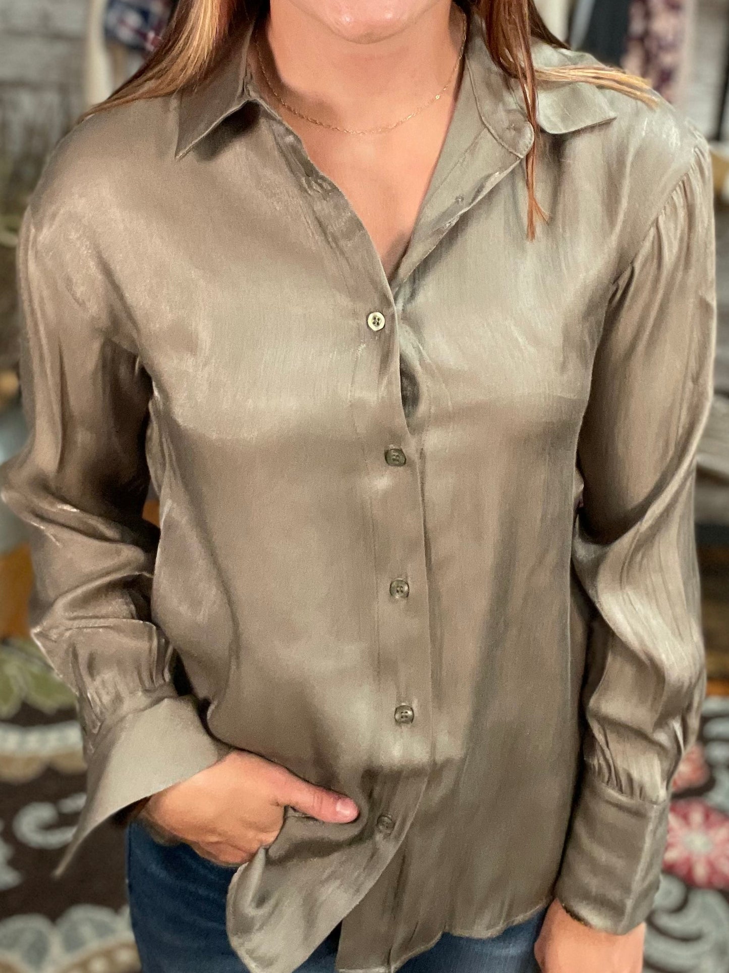 Solid Satin Button Up Top