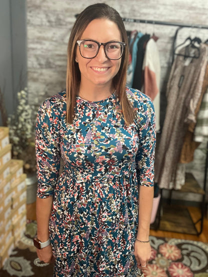 Perfect Peach - Floral & Teal 3/4 Sleeve Maxi Dress