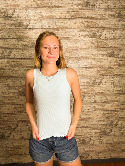Ribbed Scoop Neck Tank Top - Sky
