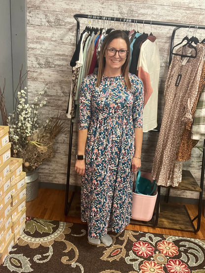 Perfect Peach - Floral & Teal 3/4 Sleeve Maxi Dress
