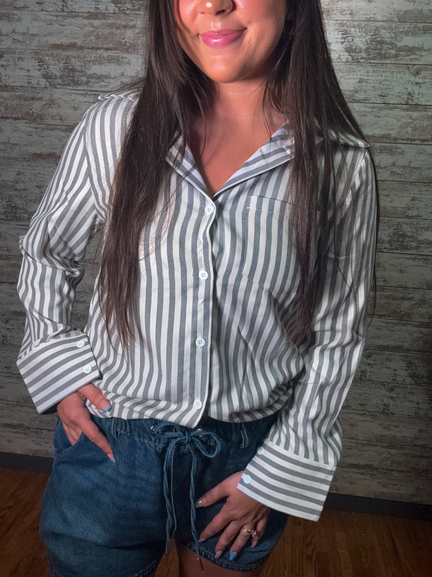 Striped Button Down Casual Blouse - Grey