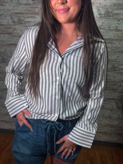 Striped Button Down Casual Blouse - Grey