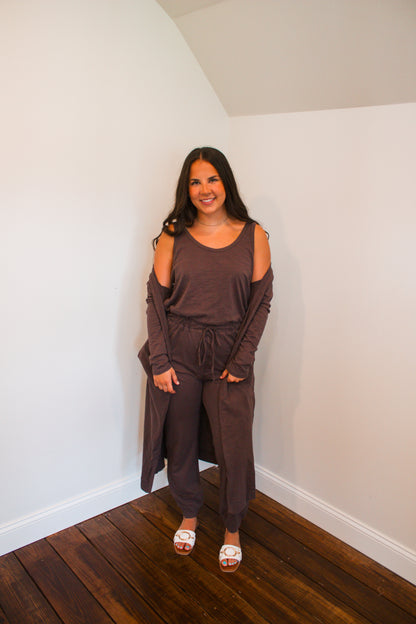 mocha jumpsuit with cardigan