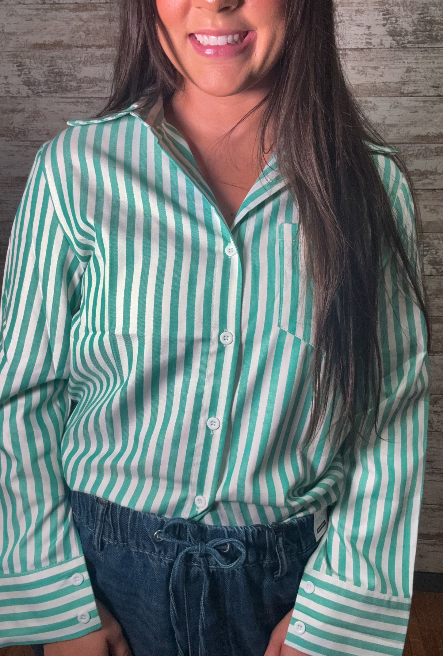 Striped Button Down Casual Blouse - Green