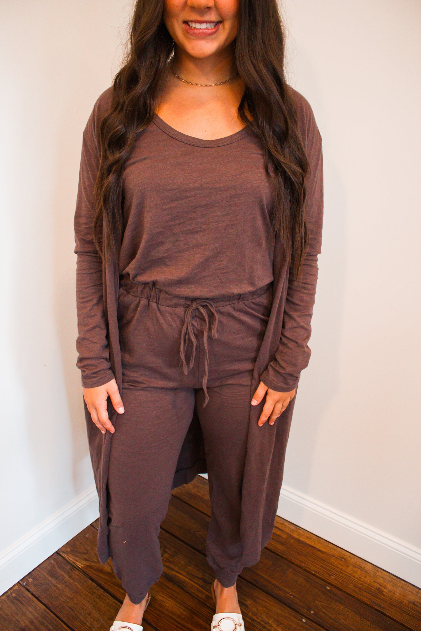 mocha jumpsuit with cardigan