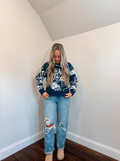 navy floral knit sweater