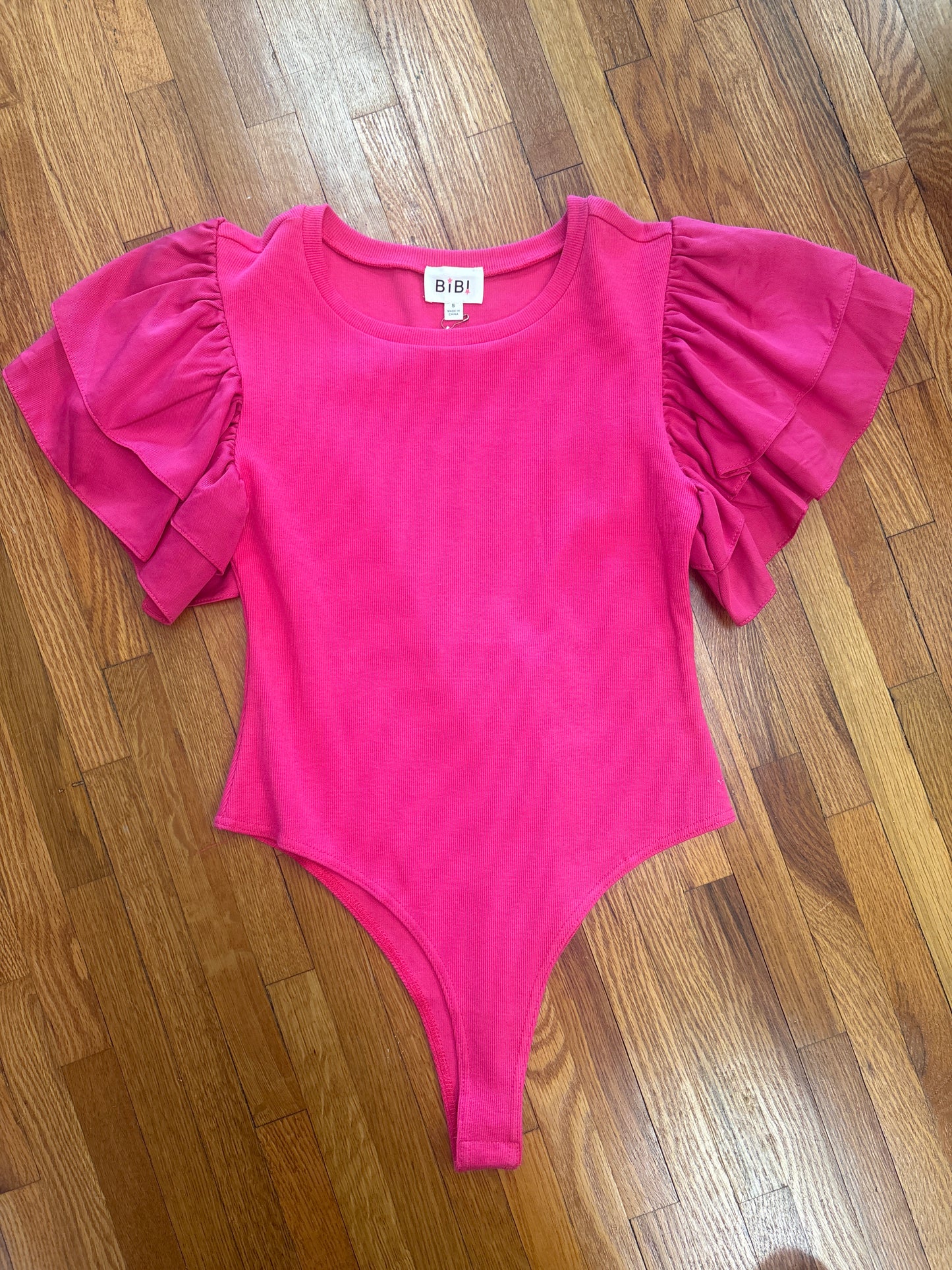 Pink Ruffle Sleeve Ribbed Bodysuit