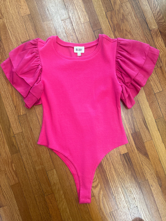 Pink Ruffle Sleeve Ribbed Bodysuit