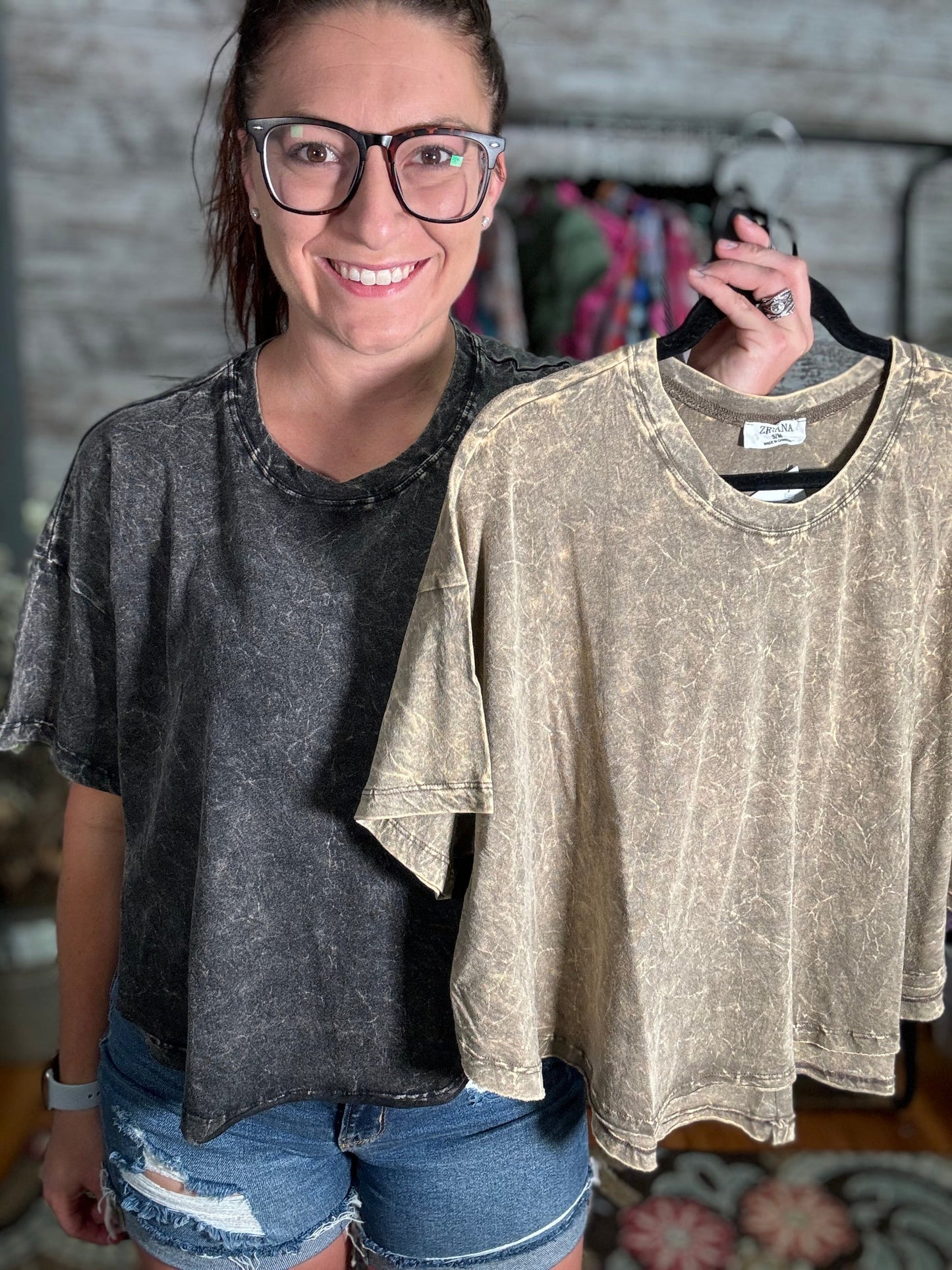 Crinkle Washed Cotton Round Neck Top