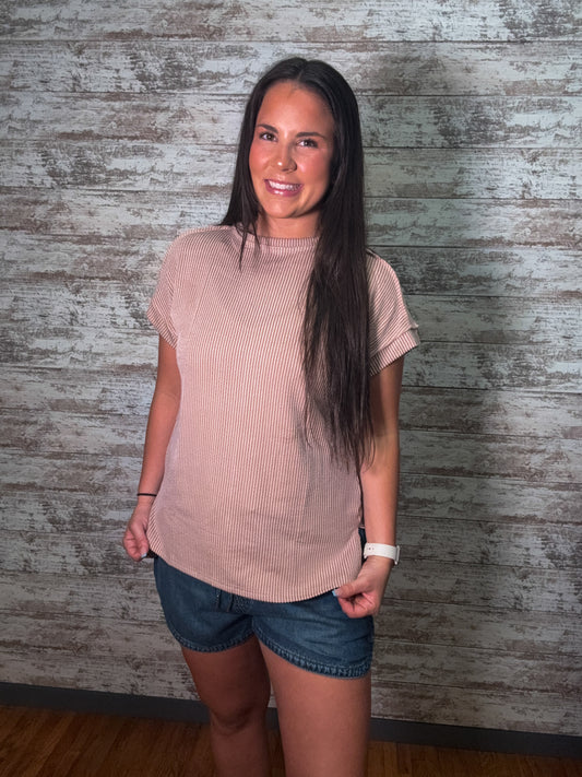 Casual Ribbed Knit Short Sleeve Loose Fit Top - Khaki
