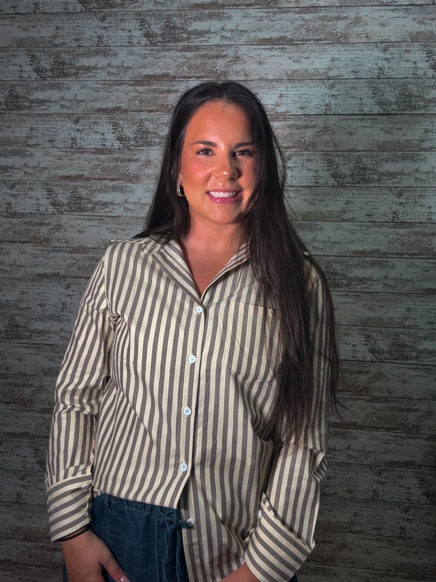 Striped Button Down Casual Blouse - Khaki