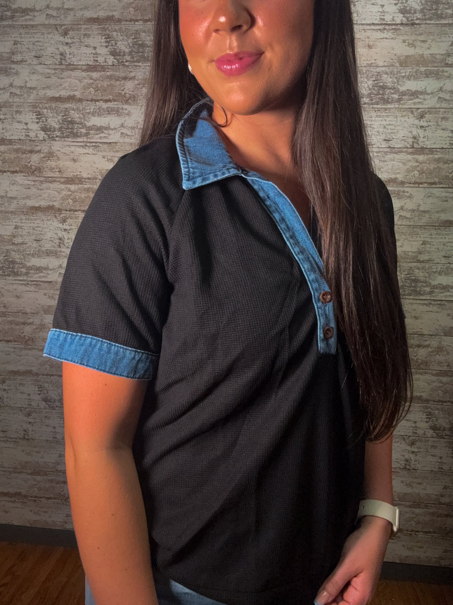Knit Denim and Black Polo Collar Top