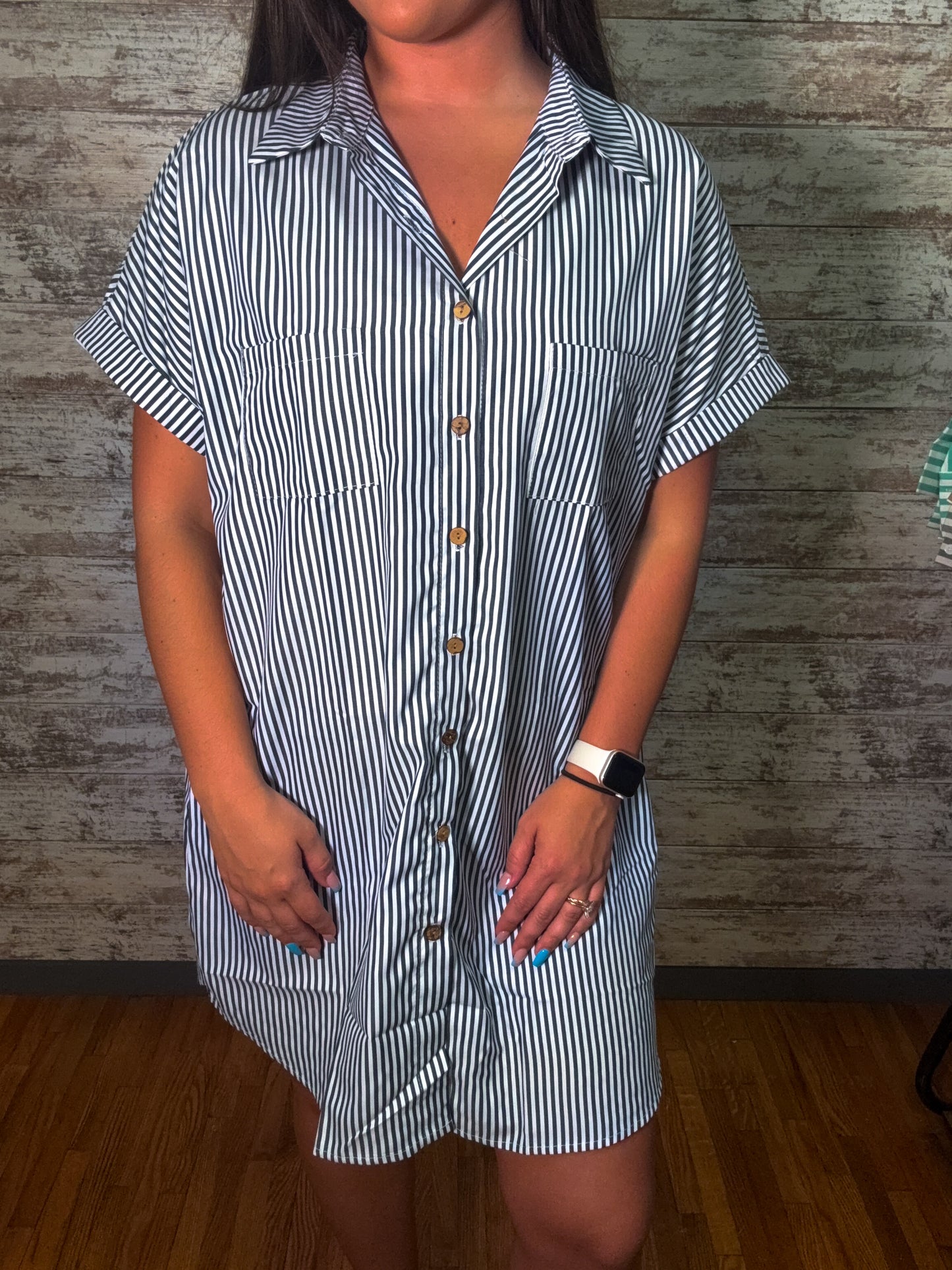 Vacation Summer Striped Shirt Dress Button Up - Navy