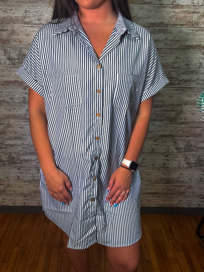 Vacation Summer Striped Shirt Dress Button Up - Navy