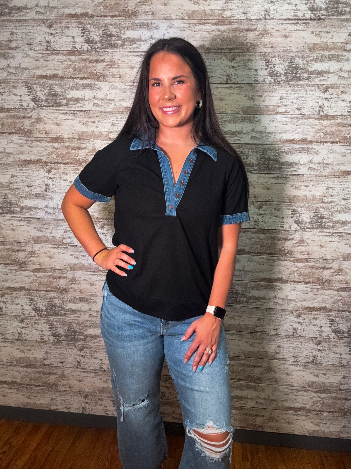 Knit Denim and Black Polo Collar Top