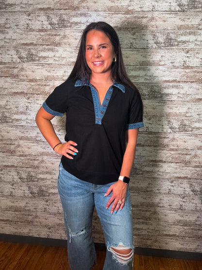 Knit Denim and Black Polo Collar Top