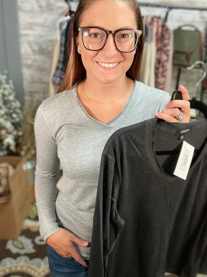Raw Edge V Neck Basic Long Sleeve Tee