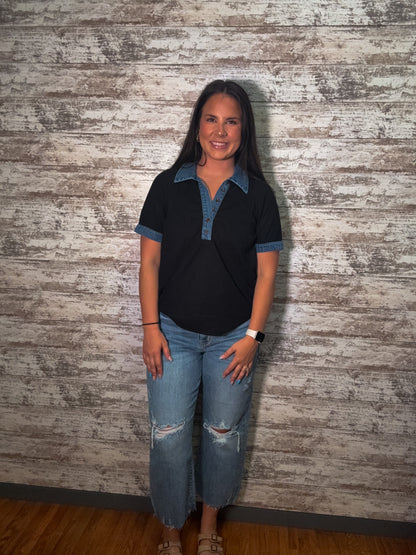 Knit Denim and Black Polo Collar Top