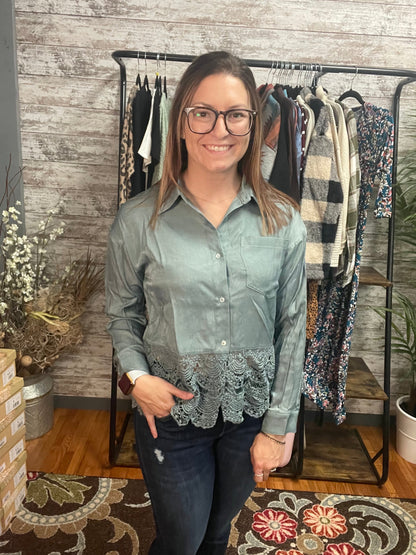 BUTTON DOWN CROCHET TRIM HEMLINE LONG SLEEVE SHIRT