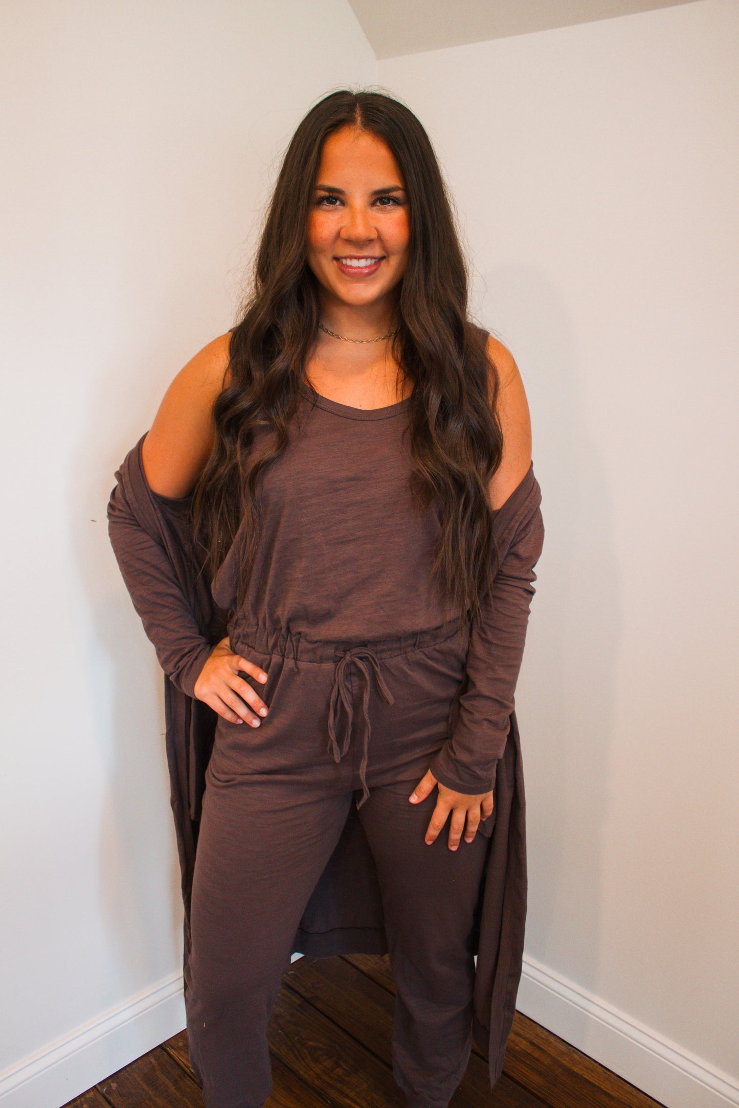 mocha jumpsuit with cardigan