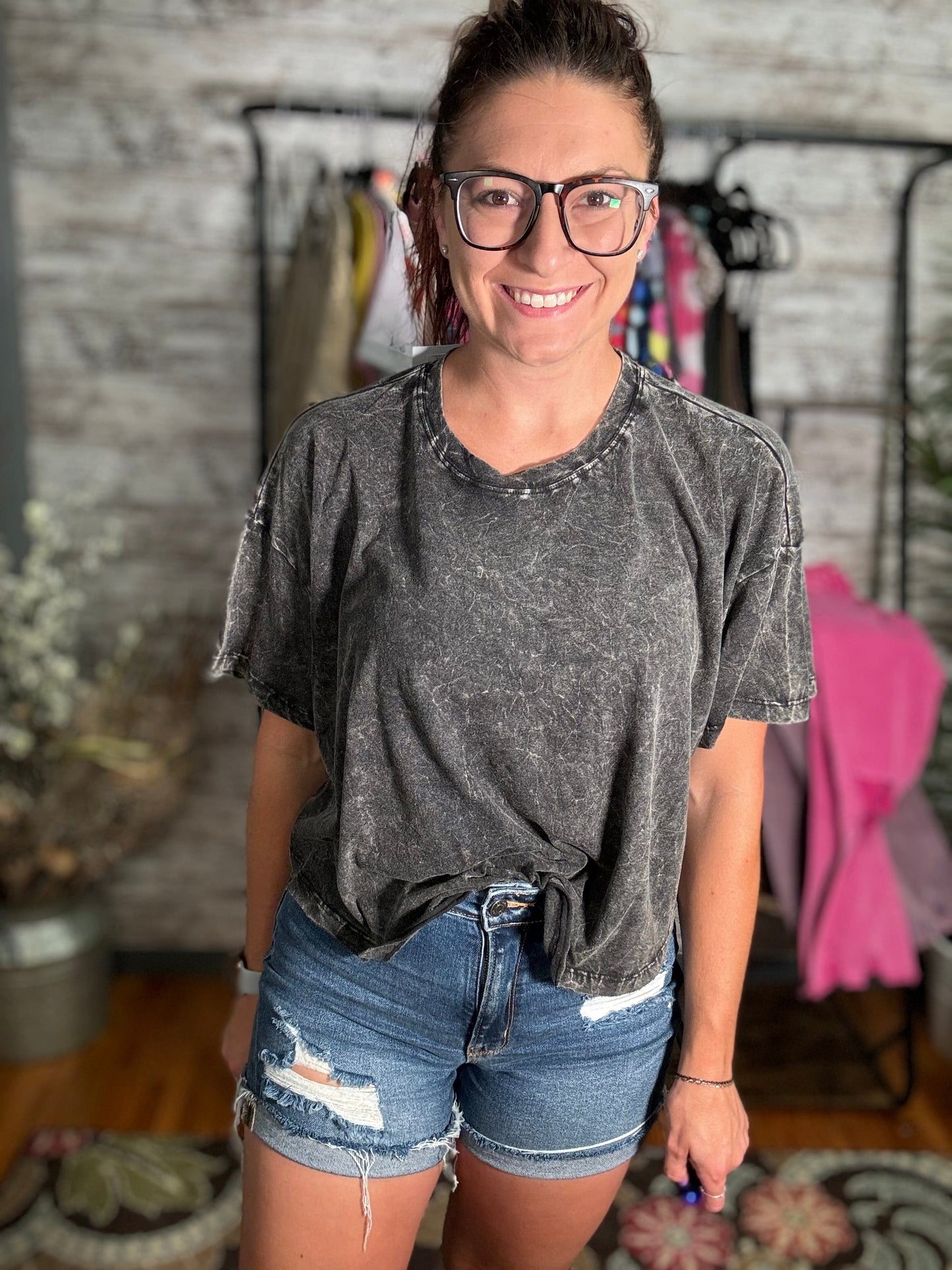 Crinkle Washed Cotton Round Neck Top