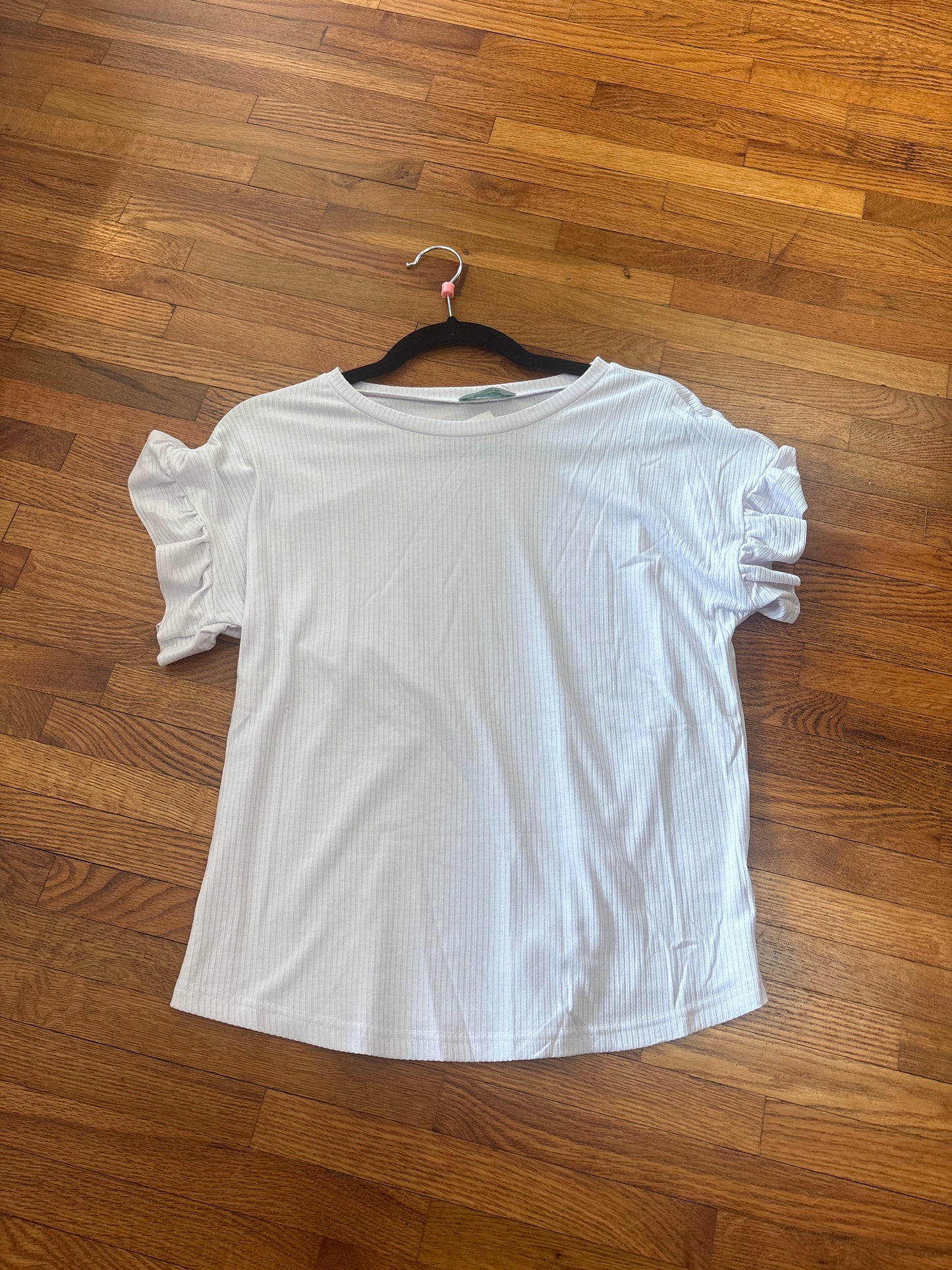 Ribbed Ruffled Short Sleeve T Shirt - White