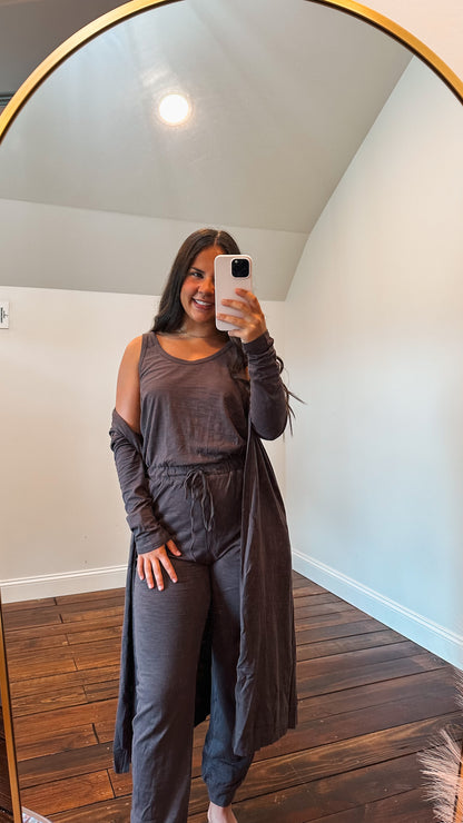 mocha jumpsuit with cardigan