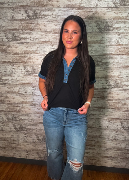 Knit Denim and Black Polo Collar Top