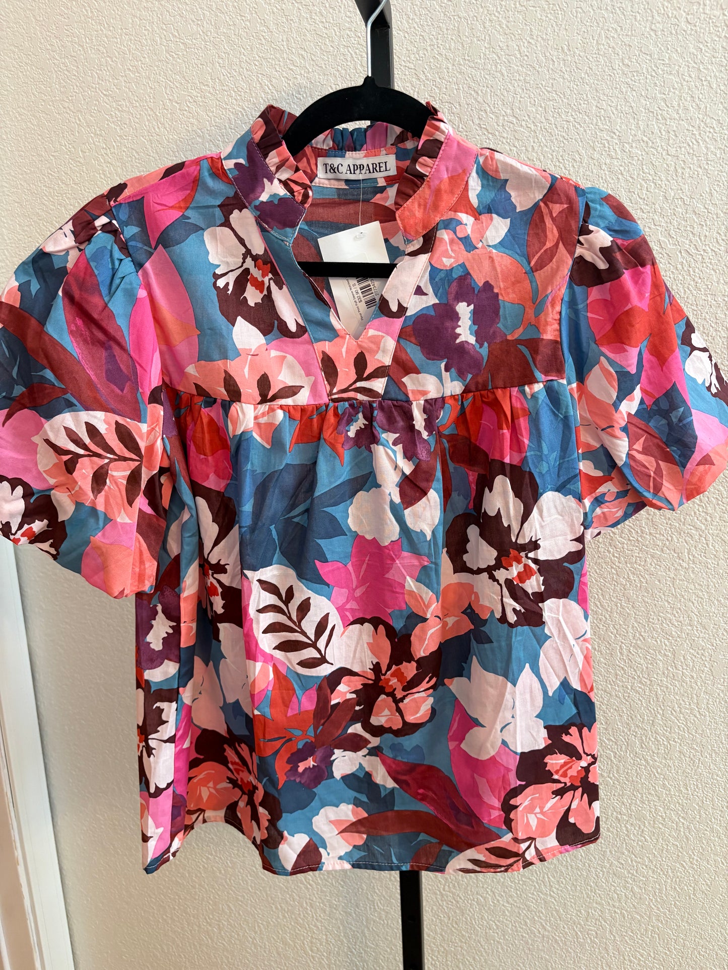 Floral Print Puff Sleeve Notched V Neck