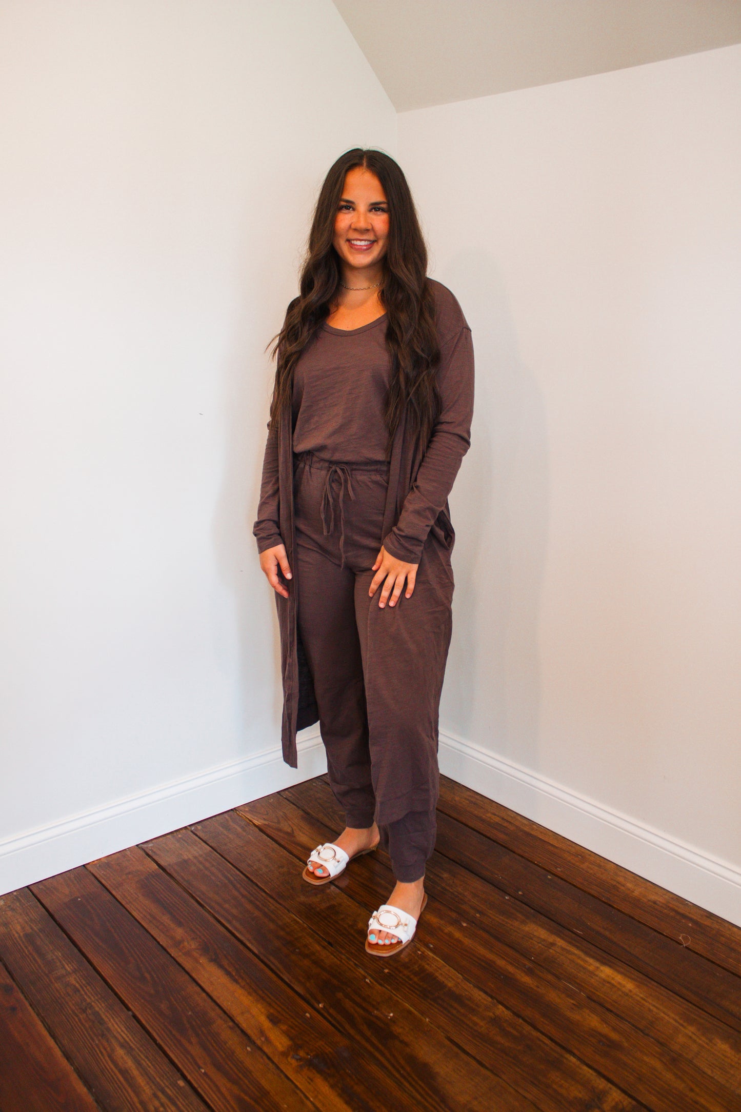 mocha jumpsuit with cardigan