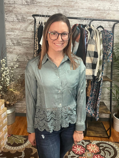 BUTTON DOWN CROCHET TRIM HEMLINE LONG SLEEVE SHIRT