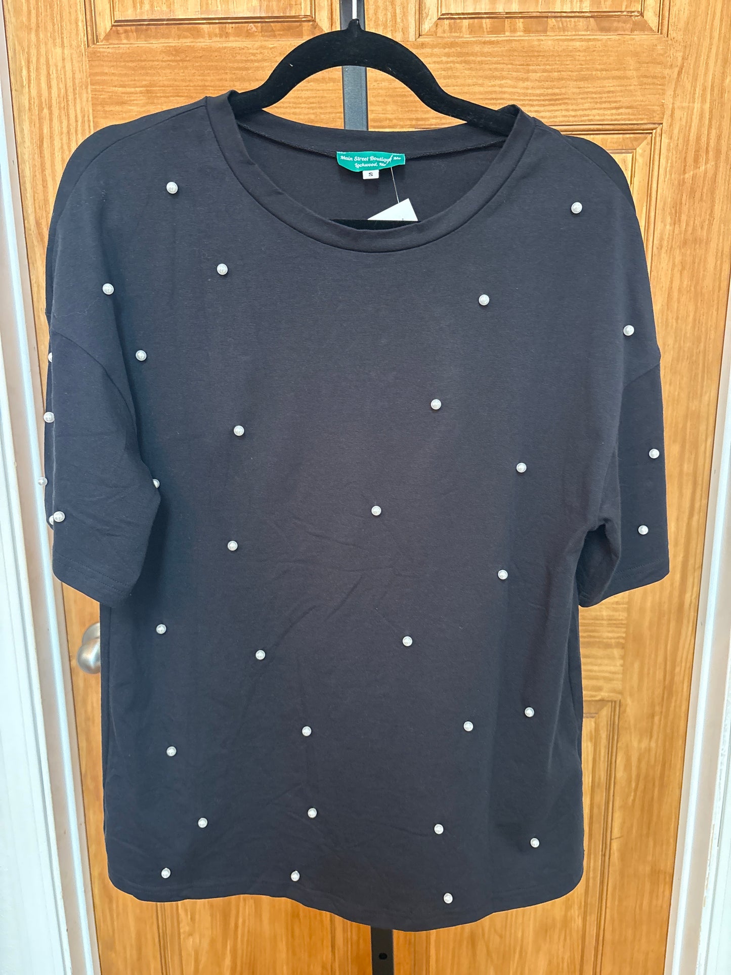 Pearl Beaded Drop Shoulder Crewneck T Shirt