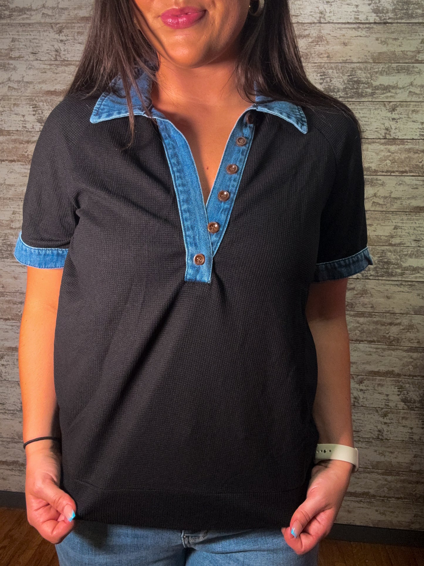 Knit Denim and Black Polo Collar Top