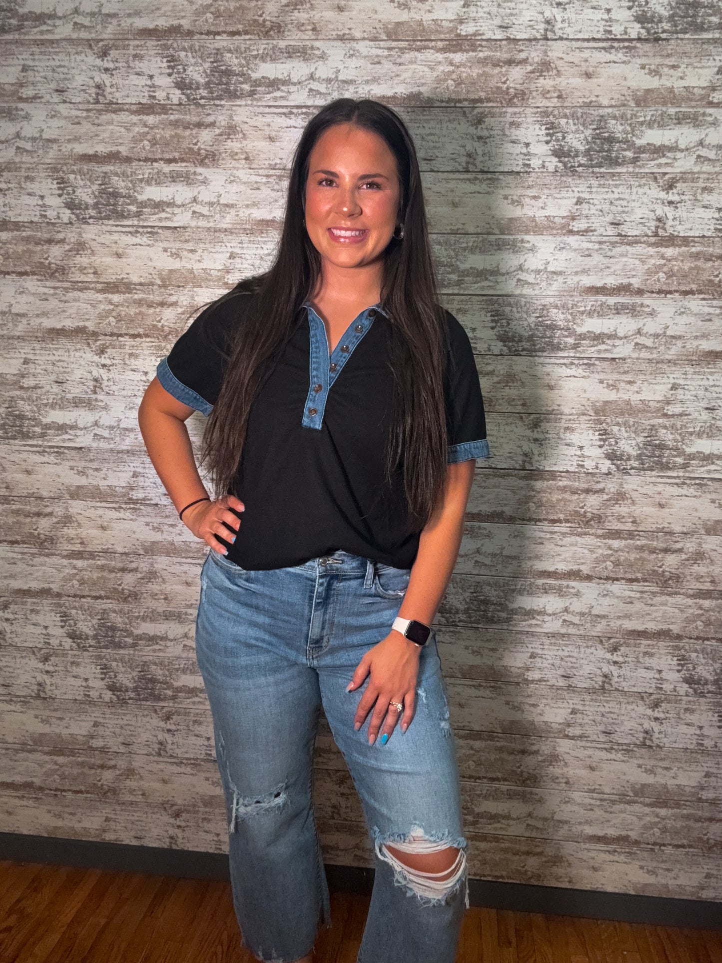 Knit Denim and Black Polo Collar Top