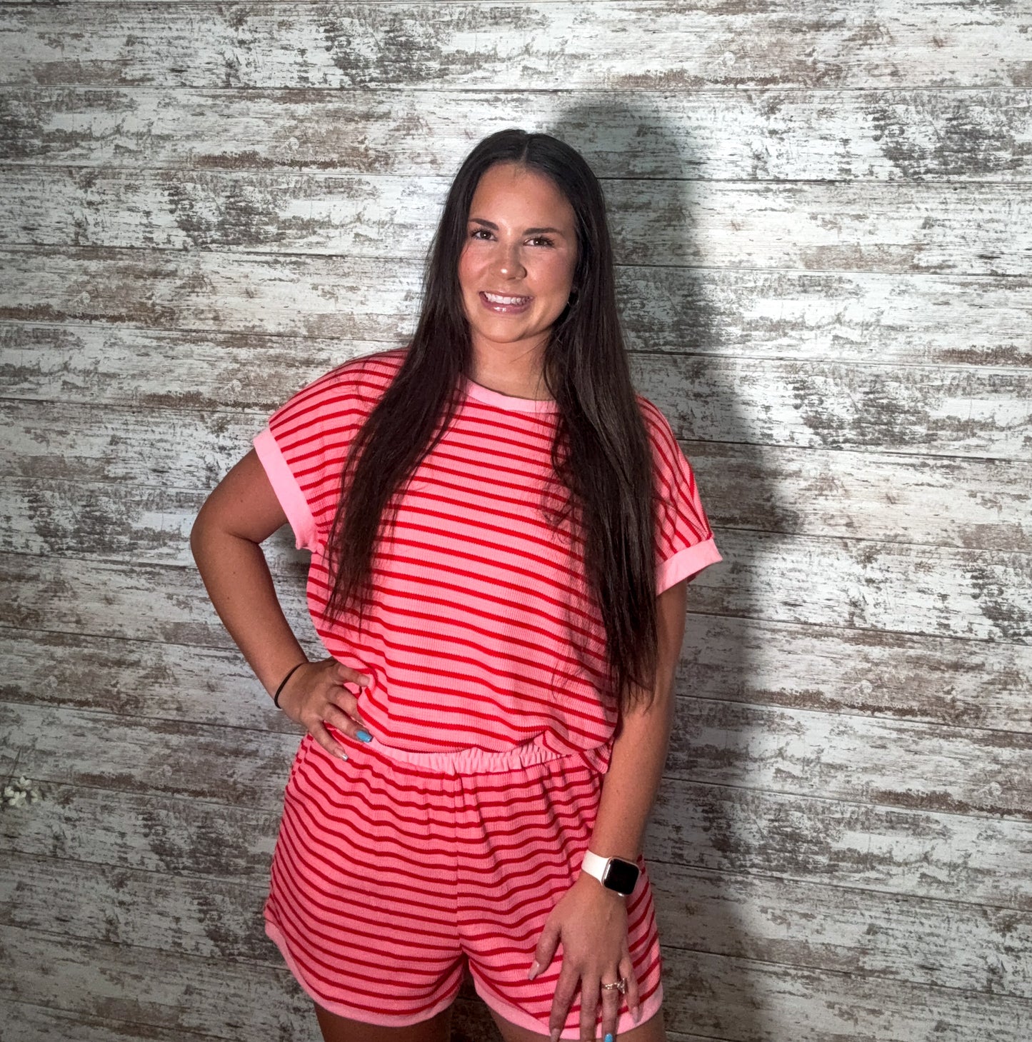 Striped Short Sleeve Top & Shorts Lounge Set - Dark Pink