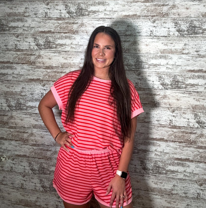 Striped Short Sleeve Top & Shorts Lounge Set - Dark Pink